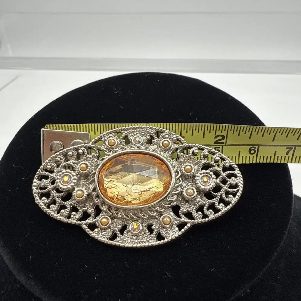 Vintage Peach Lucite Cabochon Victorian Bridgerton Style Brooch Pin READ